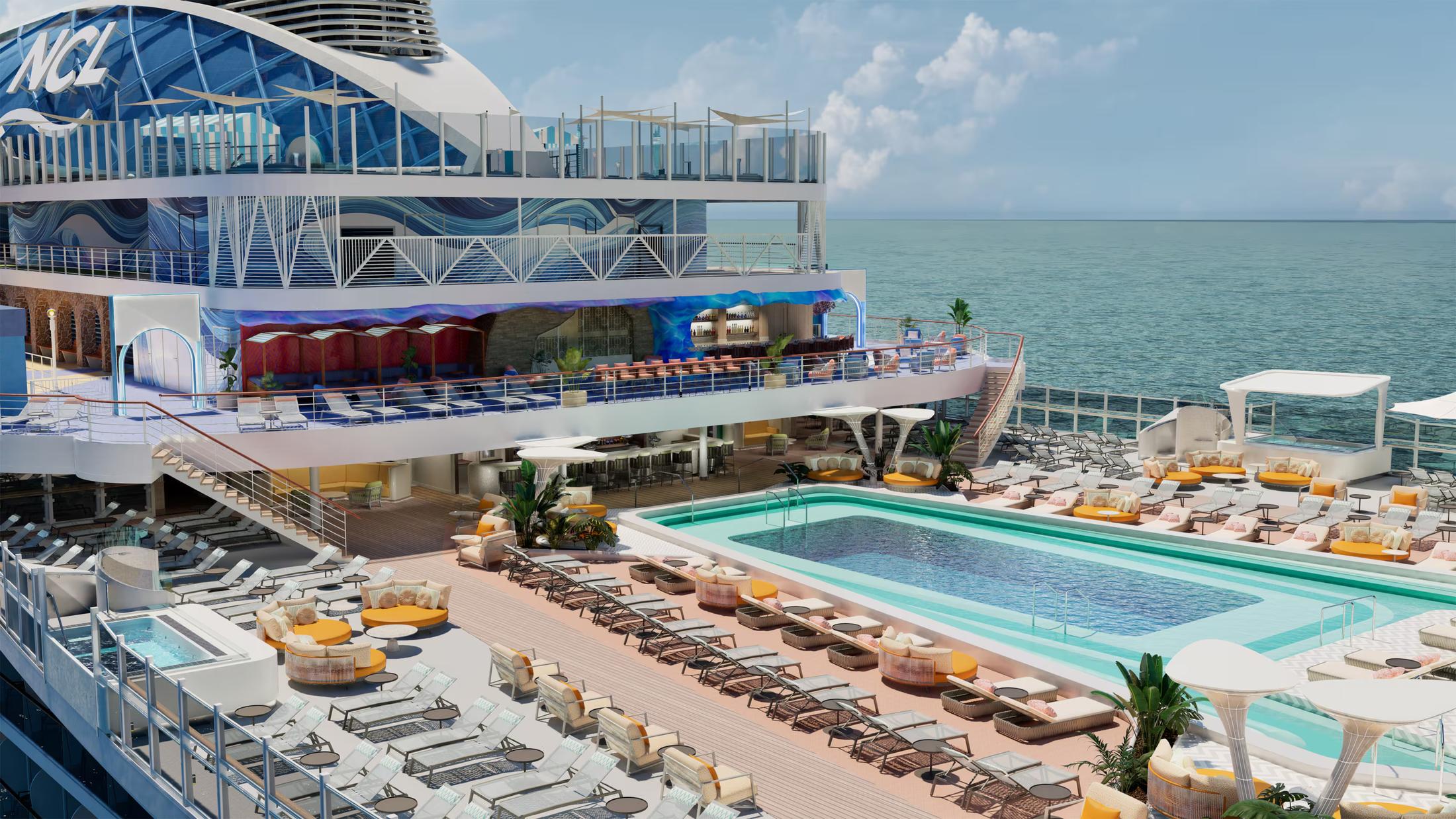 Pool deck of Norwegian Aqua with infinity pool and sun loungers
