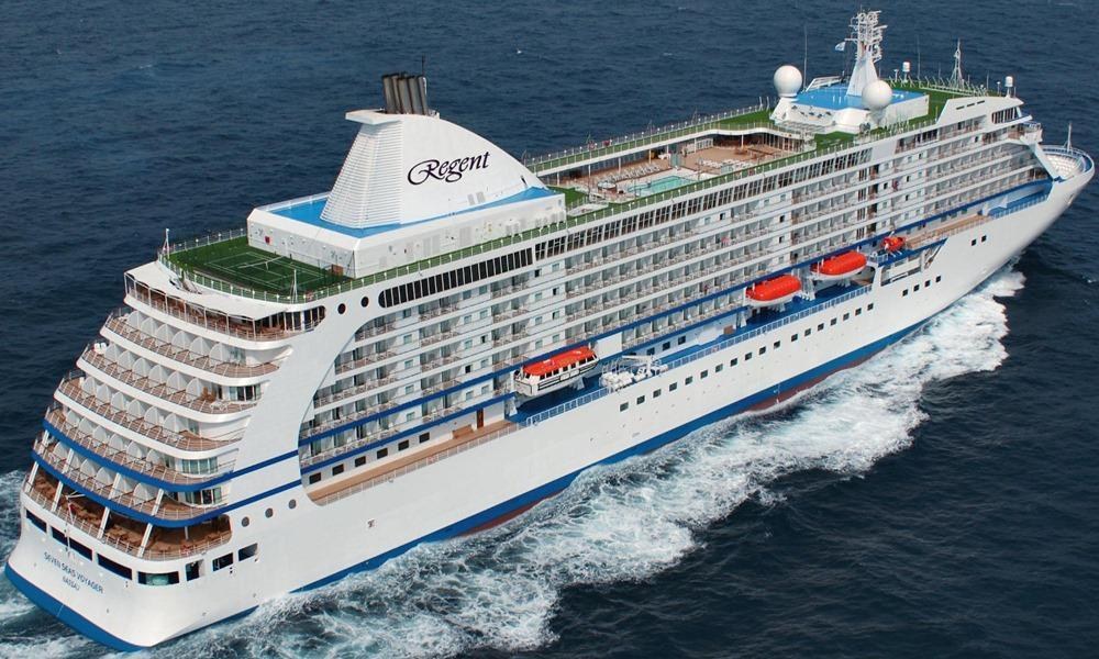 Regent Seven Seas ship at sea, aerial view with the Regent funnel
