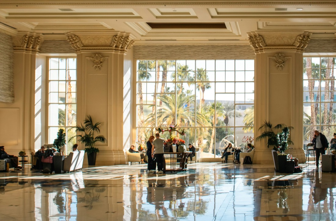 Sunlit resort hotel lobby