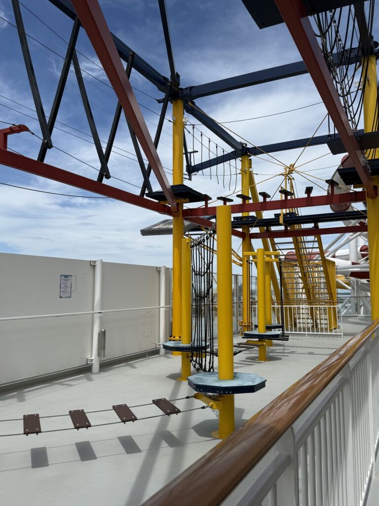 The ropes course on the upper deck of Genting Dream, part of the ships onboard recreational facilities.