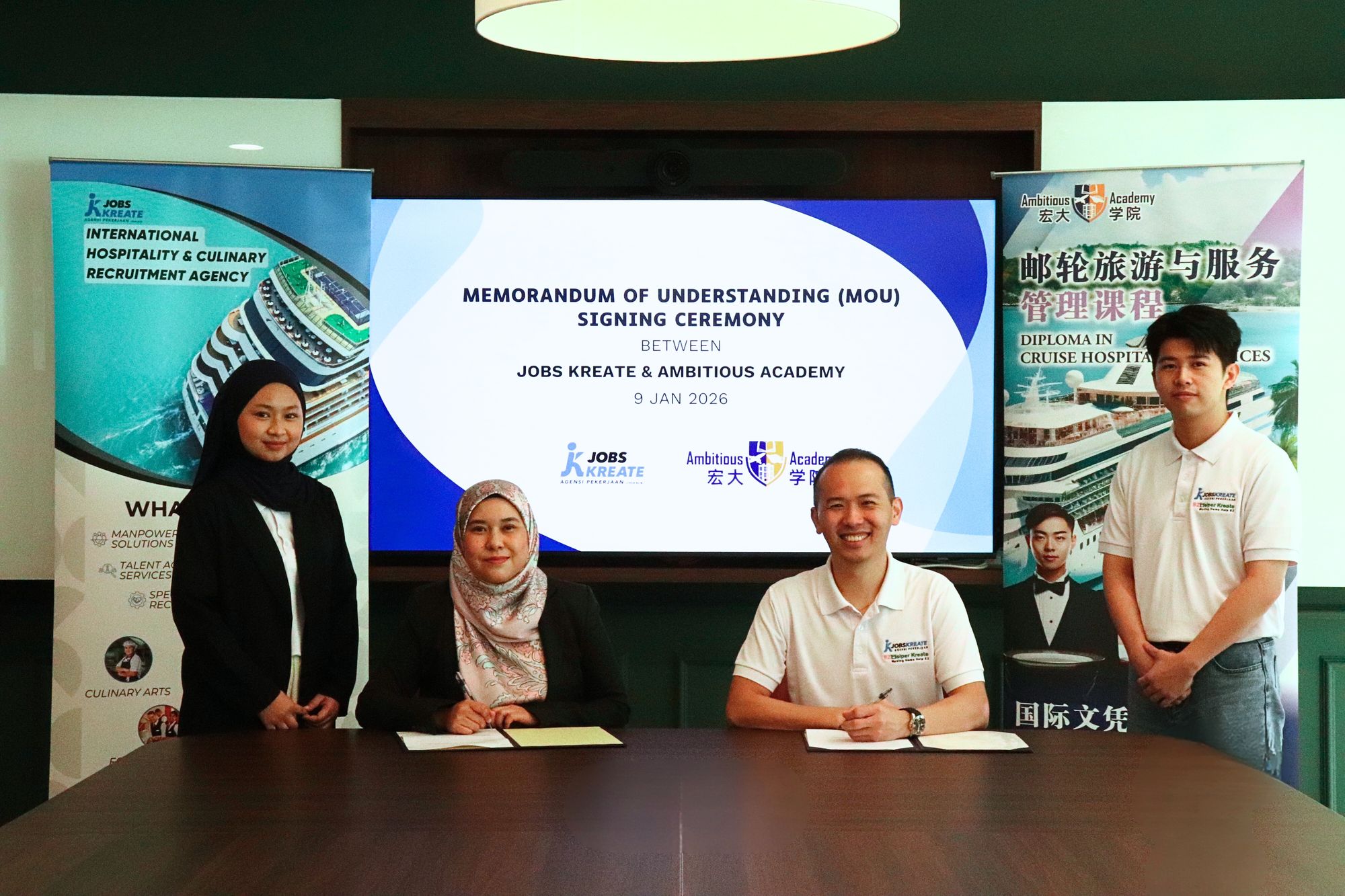 Jobs Kreate and Ambitious Academy representatives at the MOU signing ceremony on 9 January 2026, with the official MOU title screen and both organisation banners in view.